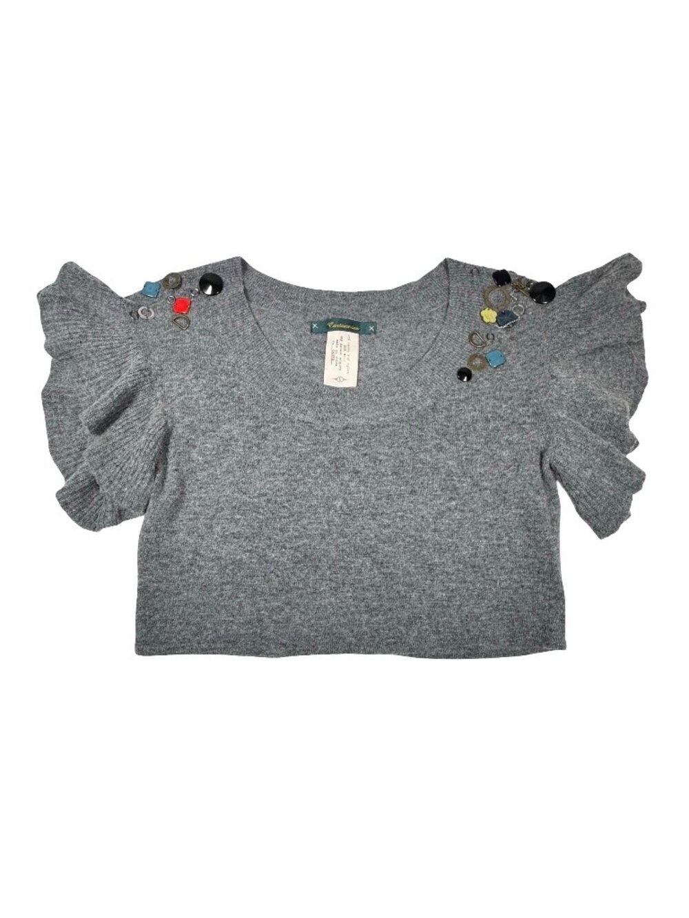 Vintage Cartonnier Embellished Ruffle Crop Top SZ S Gray Knit Whimsical Twee